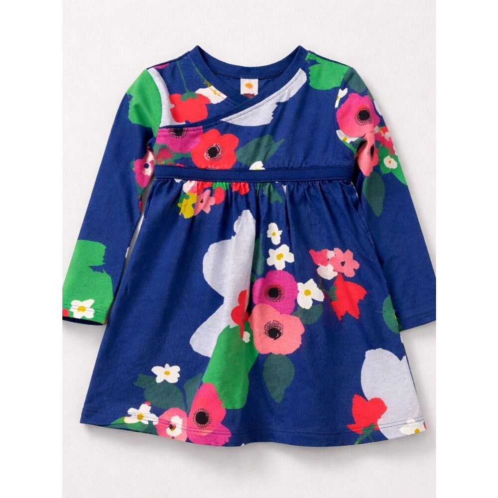 Tea Collection Navy with bold floral print long sleeve wrap top dress 2T NWOT